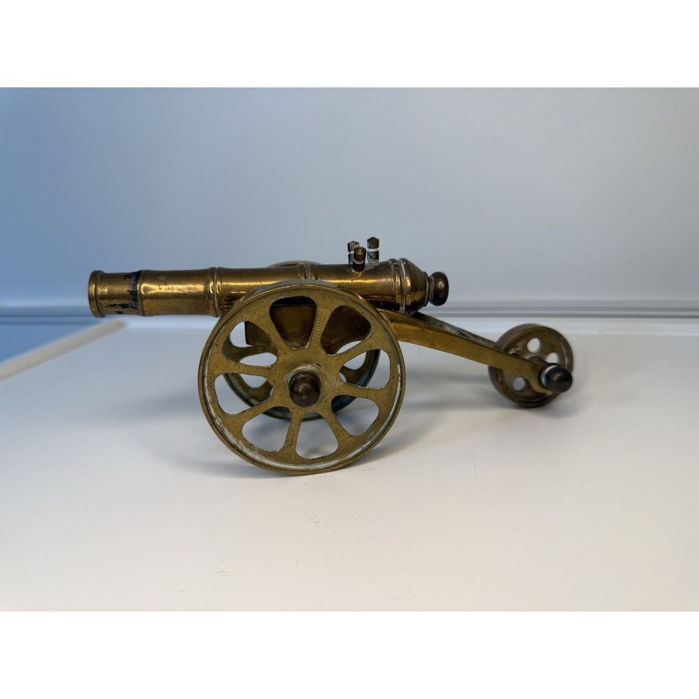 Vintage Solid Brass Cannon Figurine Military Artillery Decor 8” Collectible
